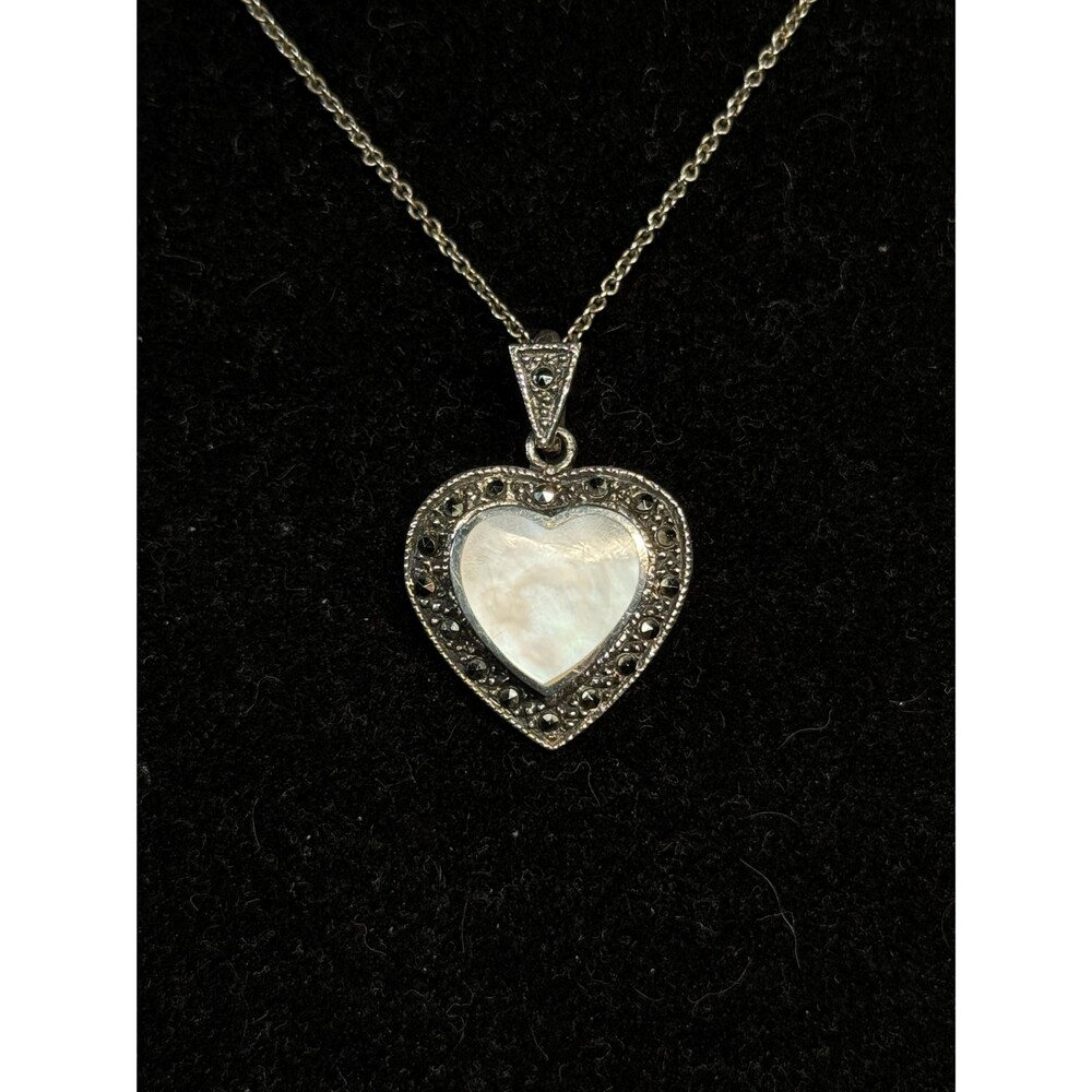 Sterling Silver Mother of Pearl Marcasite Heart Pendant Necklace